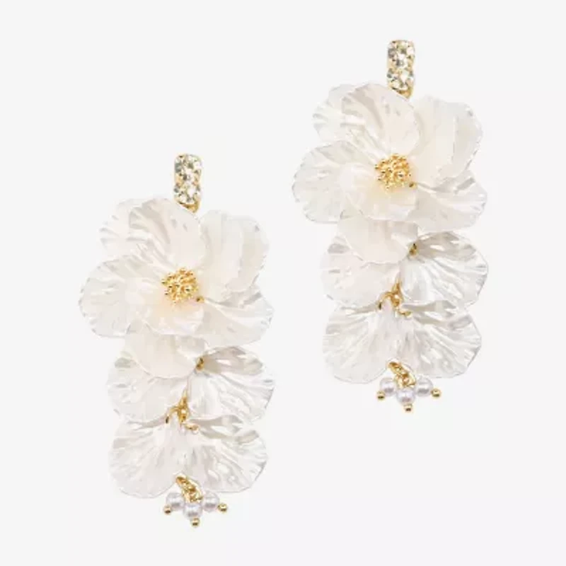 Bijoux Bar Gold Tone Womens Glass Simulated Pearl Flower Drop Earrings