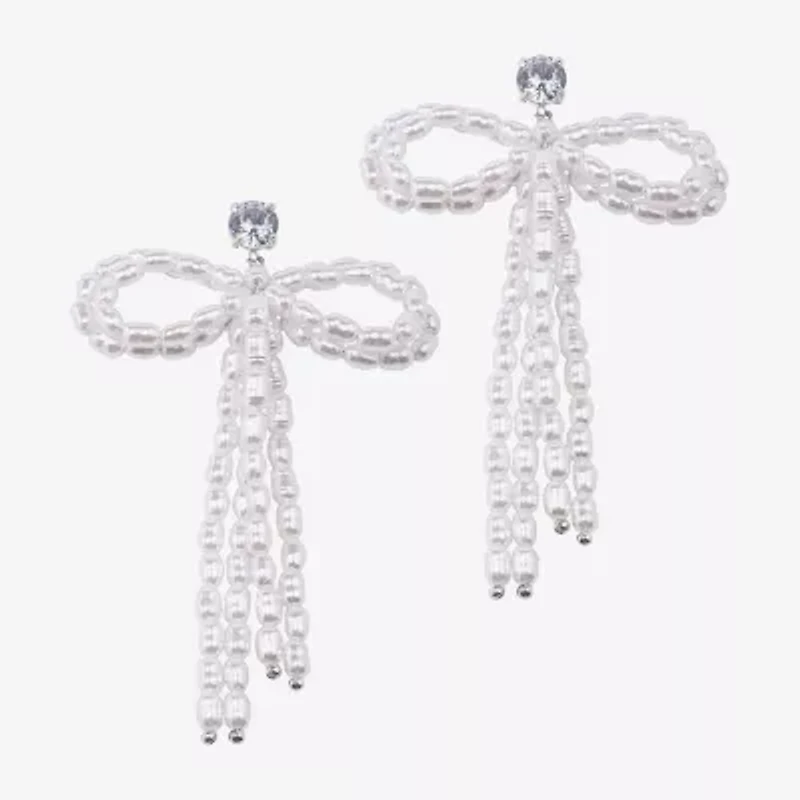 Bijoux Bar Silver Tone Womens Glass Simulated Pearl Bow Drop Earrings