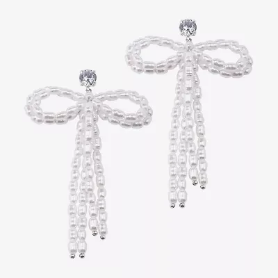 Bijoux Bar Silver Tone Womens Glass Simulated Pearl Bow Drop Earrings