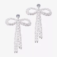 Bijoux Bar Silver Tone Womens Glass Simulated Pearl Bow Drop Earrings