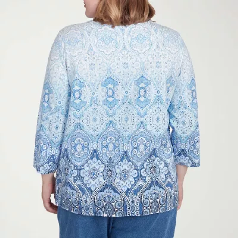 Alfred Dunner Classics Womens Crew Neck 3/4 Sleeve Plus T-Shirt