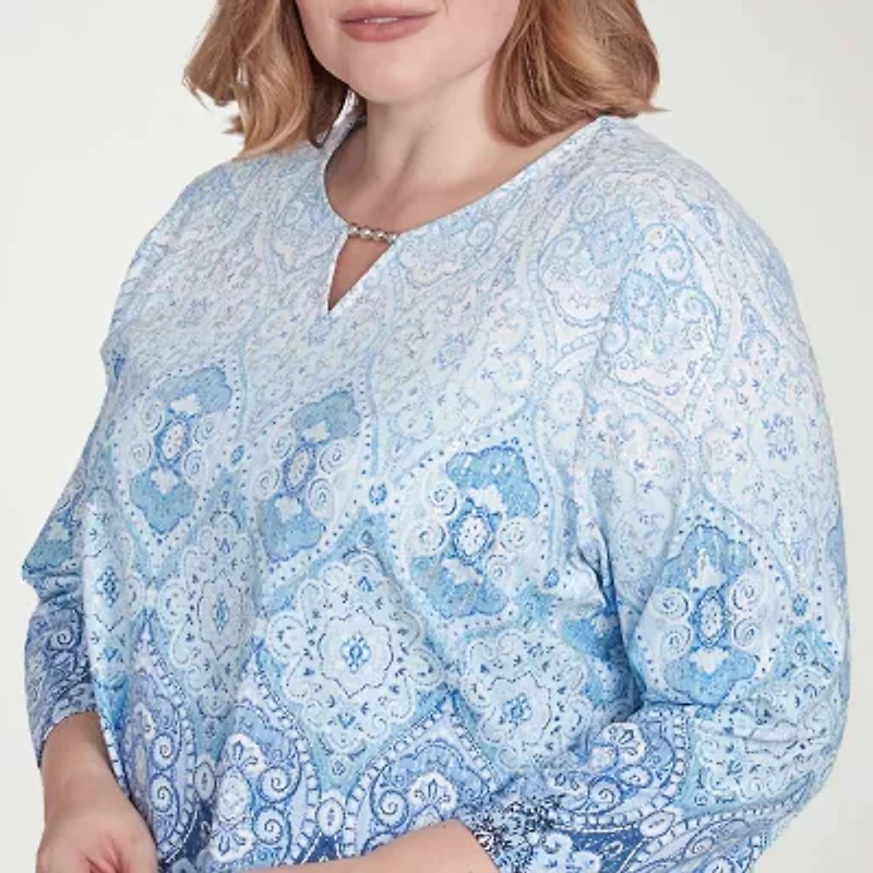 Alfred Dunner Classics Womens Crew Neck 3/4 Sleeve Plus T-Shirt