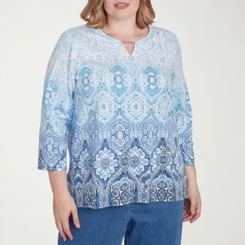 Alfred Dunner Classics Womens Crew Neck 3/4 Sleeve Plus T-Shirt