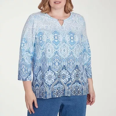 Alfred Dunner Classics Womens Crew Neck 3/4 Sleeve Plus T-Shirt