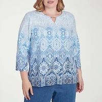 Alfred Dunner Classics Womens Crew Neck 3/4 Sleeve Plus T-Shirt