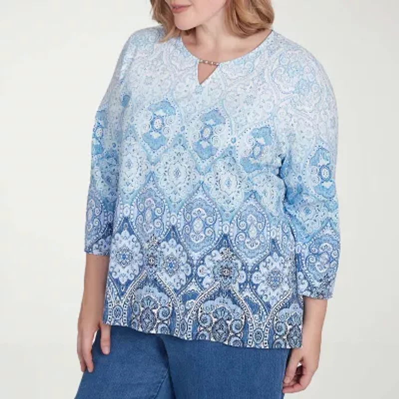 Alfred Dunner Classics Womens Crew Neck 3/4 Sleeve Plus T-Shirt