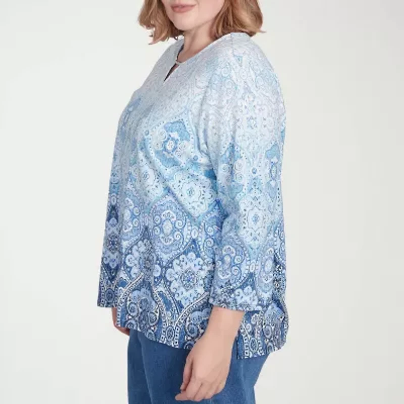 Alfred Dunner Classics Womens Crew Neck 3/4 Sleeve Plus T-Shirt