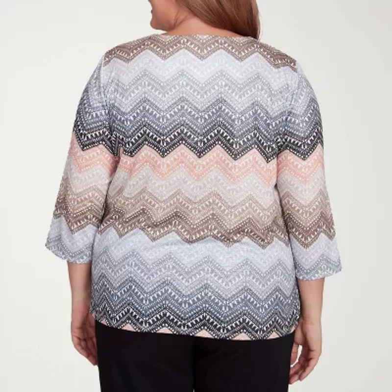 Alfred Dunner Classics Womens Plus Crew Neck 3/4 Sleeve T-Shirt
