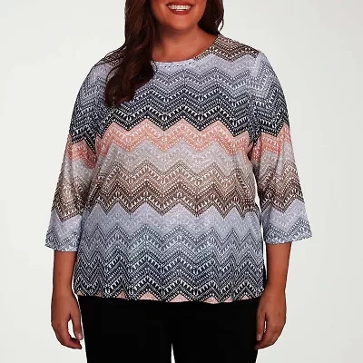 Alfred Dunner Classics Womens Plus Crew Neck 3/4 Sleeve T-Shirt