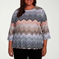 Alfred Dunner Classics Womens Plus Crew Neck 3/4 Sleeve T-Shirt