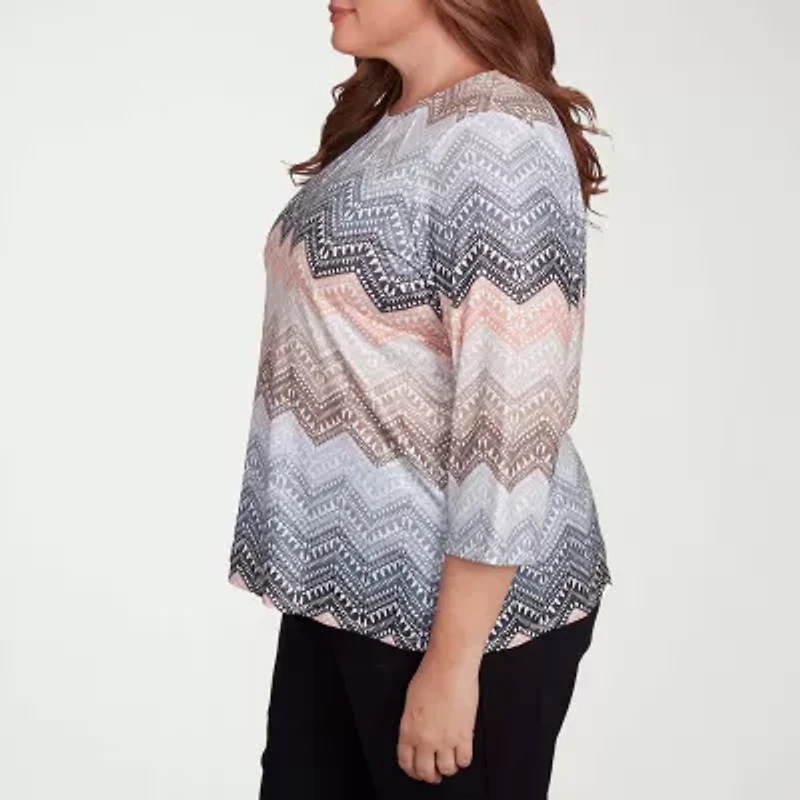 Alfred Dunner Classics Womens Plus Crew Neck 3/4 Sleeve T-Shirt