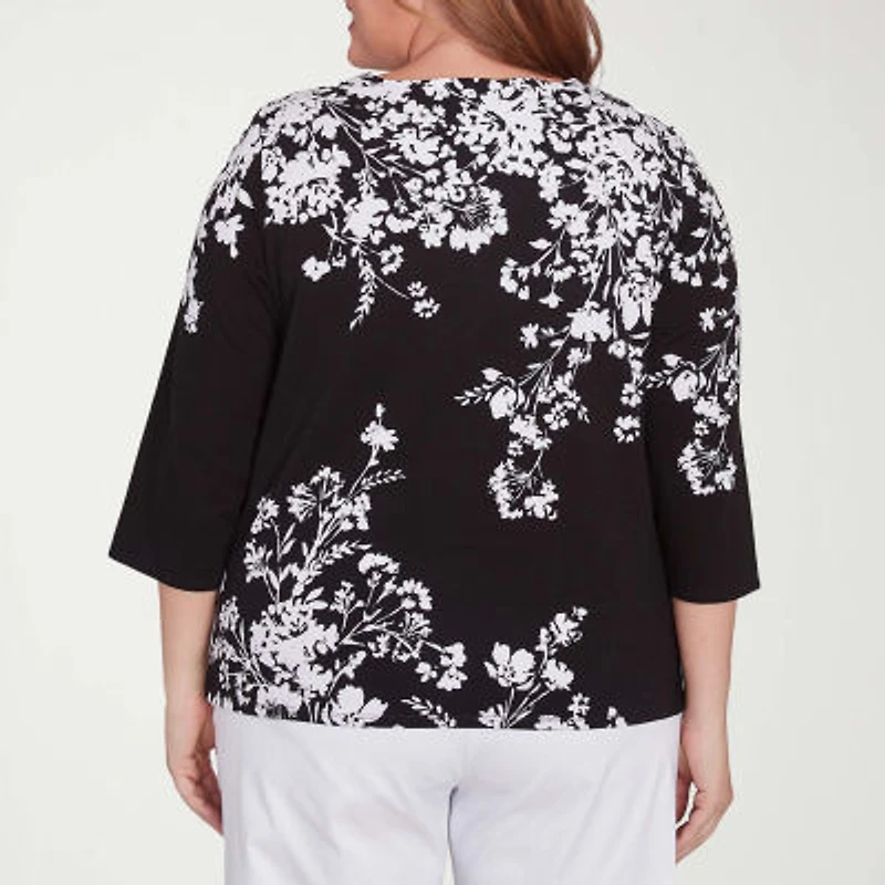 Alfred Dunner Classics Womens Crew Neck 3/4 Sleeve Plus T-Shirt