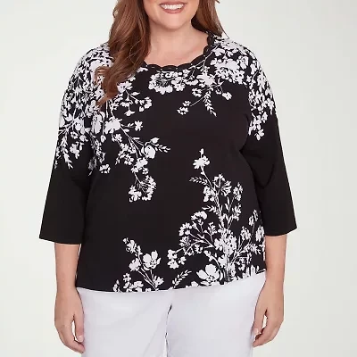 Alfred Dunner Classics Womens Crew Neck 3/4 Sleeve Plus T-Shirt