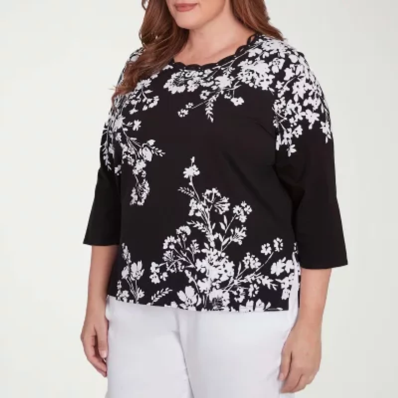 Alfred Dunner Classics Womens Crew Neck 3/4 Sleeve Plus T-Shirt