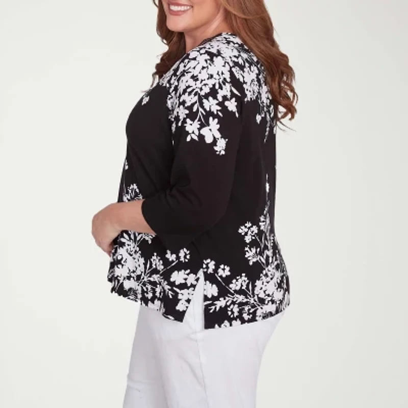Alfred Dunner Classics Womens Crew Neck 3/4 Sleeve Plus T-Shirt