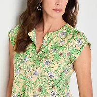 Liz Claiborne Womens Split Crew Neck Short Sleeve Satin Blouse