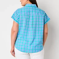 St. John's Bay Womens Plus Easy-on + Easy-off Hidden Access Opening Short Sleeve Roll Regular Fit Button-Down Shirt