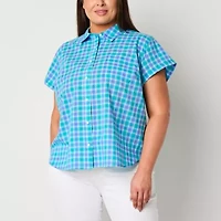 St. John's Bay Womens Plus Easy-on + Easy-off Hidden Access Opening Short Sleeve Roll Regular Fit Button-Down Shirt