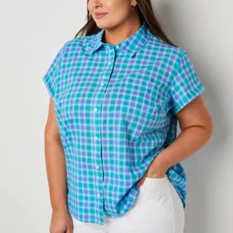 St. John's Bay Womens Plus Easy-on + Easy-off Hidden Access Opening Short Sleeve Roll Regular Fit Button-Down Shirt