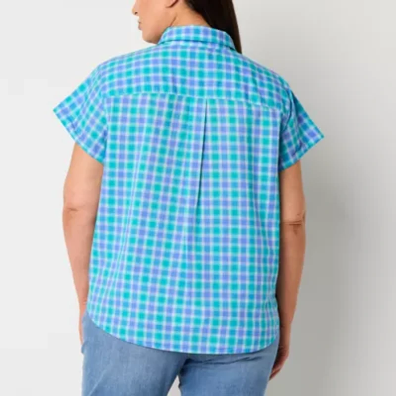 St. John's Bay Womens Short Sleeve Regular Fit Plus Button-Down Shirt