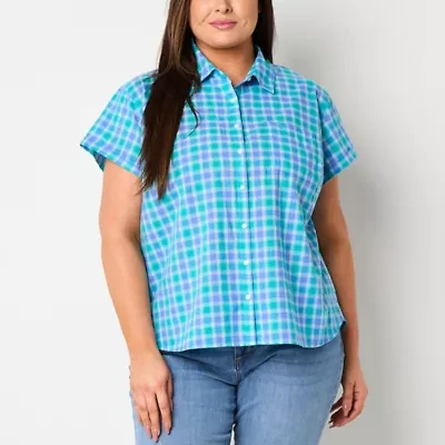 St. John's Bay Womens Short Sleeve Roll Regular Fit Plus Button-Down Shirt