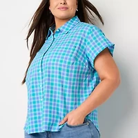 St. John's Bay Womens Short Sleeve Regular Fit Plus Button-Down Shirt