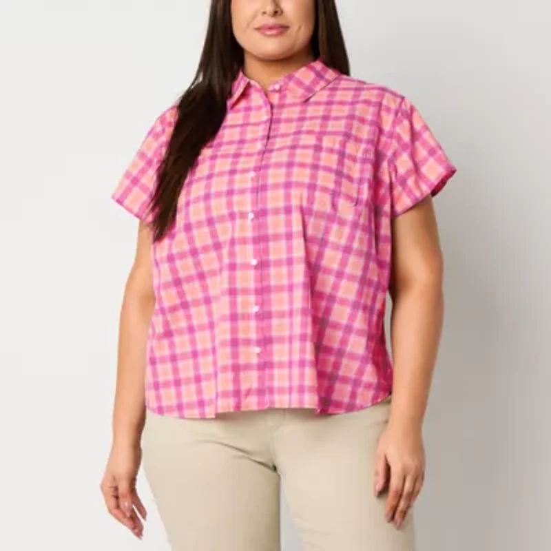 St. John's Bay Womens Short Sleeve Regular Fit Plus Button-Down Shirt