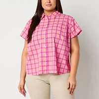 St. John's Bay Womens Short Sleeve Regular Fit Plus Button-Down Shirt