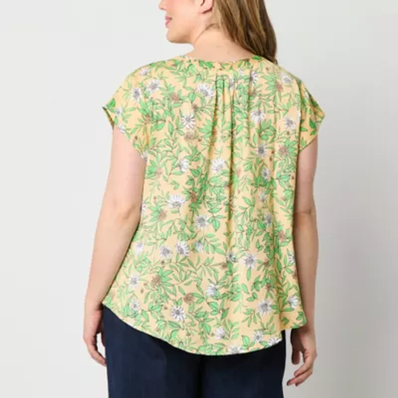 Liz Claiborne Womens Split Crew Neck Short Sleeve Cap Regular Fit Plus Button-Down Shirt