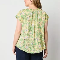 Liz Claiborne Womens Split Crew Neck Short Sleeve Cap Regular Fit Plus Button-Down Shirt