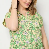 Liz Claiborne Womens Split Crew Neck Short Sleeve Cap Regular Fit Plus Button-Down Shirt