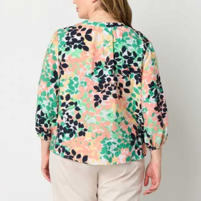 Liz Claiborne Womens Split Crew Neck 3/4 Sleeve Fitted Sleeve Regular Fit Plus Button-Down Shirt