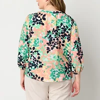Liz Claiborne Womens Split Crew Neck 3/4 Sleeve Fitted Sleeve Regular Fit Plus Button-Down Shirt