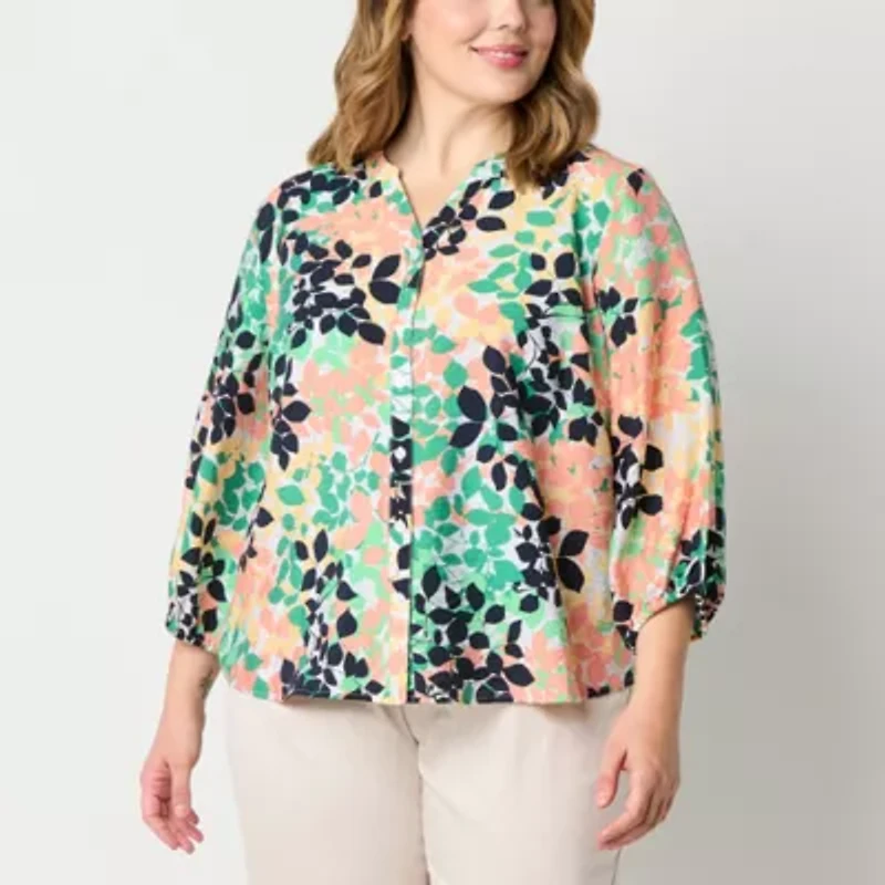 Liz Claiborne Womens Split Crew Neck 3/4 Sleeve Fitted Sleeve Regular Fit Plus Button-Down Shirt