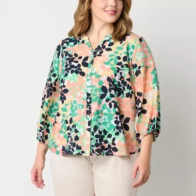 Liz Claiborne Womens Split Crew Neck 3/4 Sleeve Fitted Sleeve Regular Fit Plus Button-Down Shirt