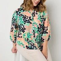 Liz Claiborne Womens Split Crew Neck 3/4 Sleeve Fitted Sleeve Regular Fit Plus Button-Down Shirt