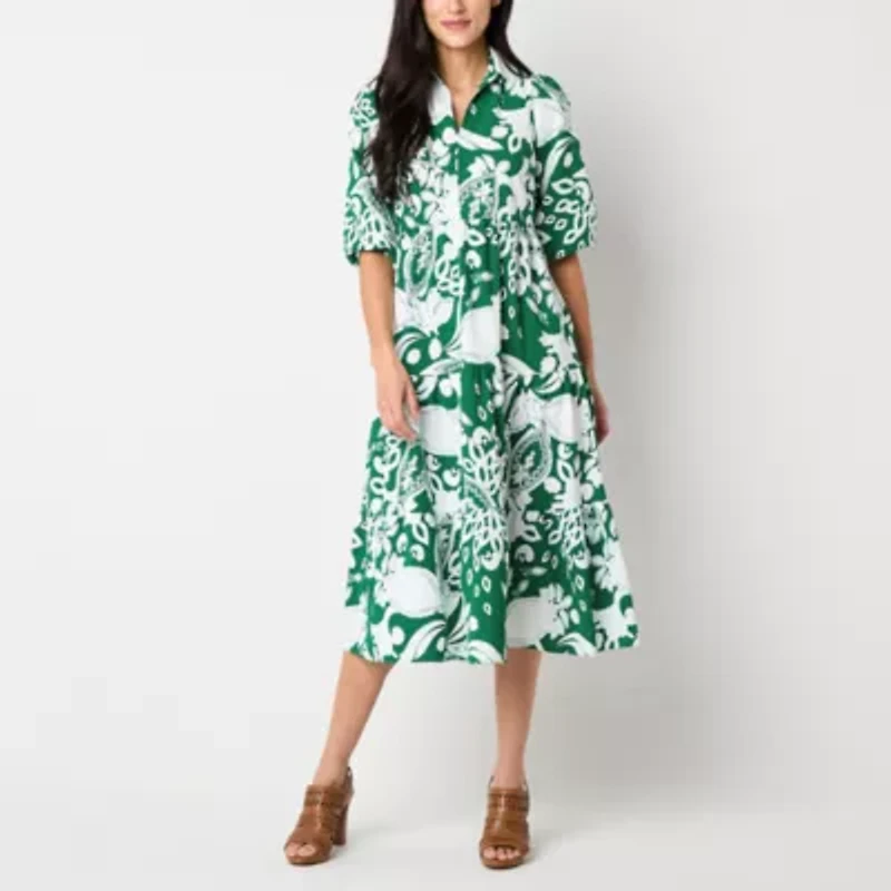 52seven Womens 3/4 Sleeve Scroll Midi Fit + Flare Dress