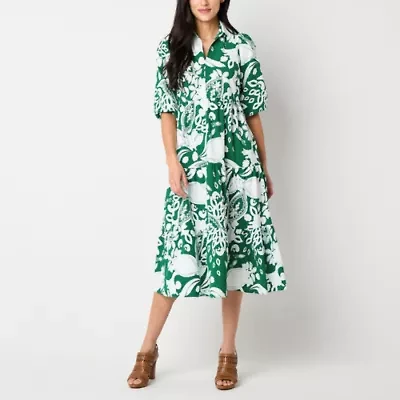 52seven Womens 3/4 Sleeve Scroll Midi Fit + Flare Dress