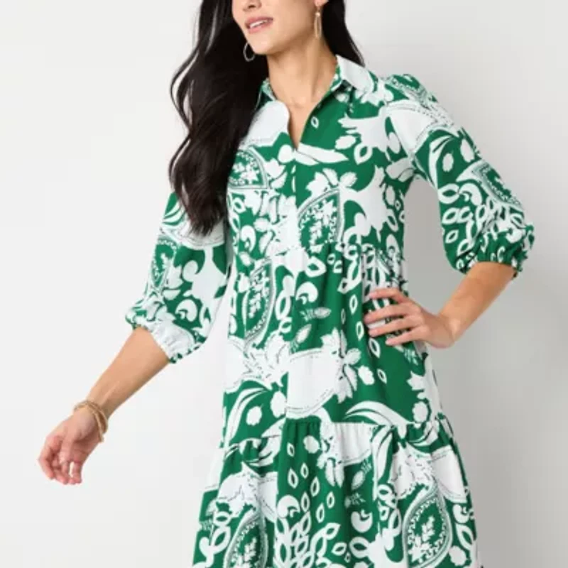 52seven Womens 3/4 Sleeve Scroll Midi Fit + Flare Dress