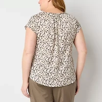 Liz Claiborne Womens Split Crew Neck Short Sleeve Cap Regular Fit Plus Button-Down Shirt