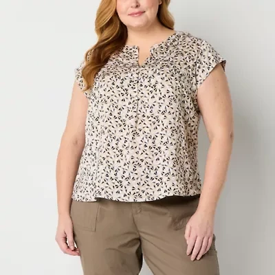 Liz Claiborne Womens Split Crew Neck Short Sleeve Cap Regular Fit Plus Button-Down Shirt