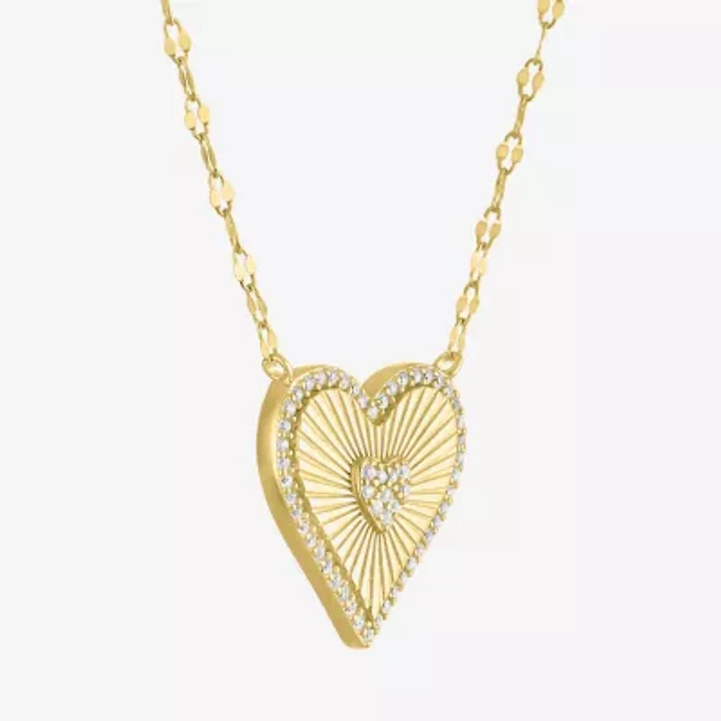 Womens Lab Created White Sapphire 14K Gold Over Silver Heart 16 Inch Pendant Necklace