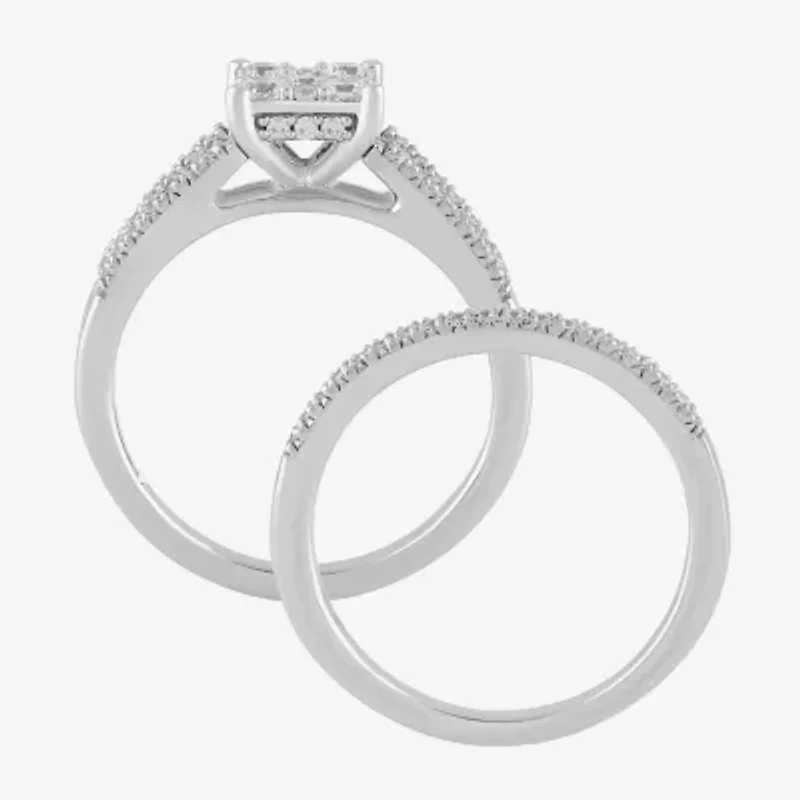 H, I1-I2 Womens 5/8 CT. T.W. Lab Grown White Diamond Sterling Silver Side Stone Halo Bridal Set