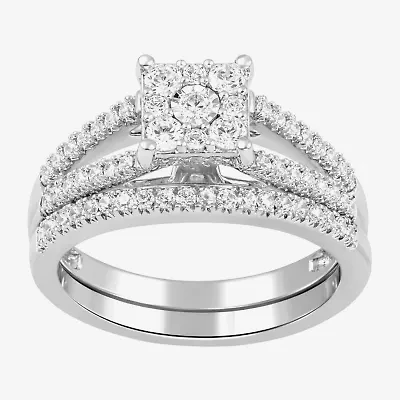 H, I1-I2 Womens 5/8 CT. T.W. Lab Grown White Diamond Sterling Silver Side Stone Halo Bridal Set