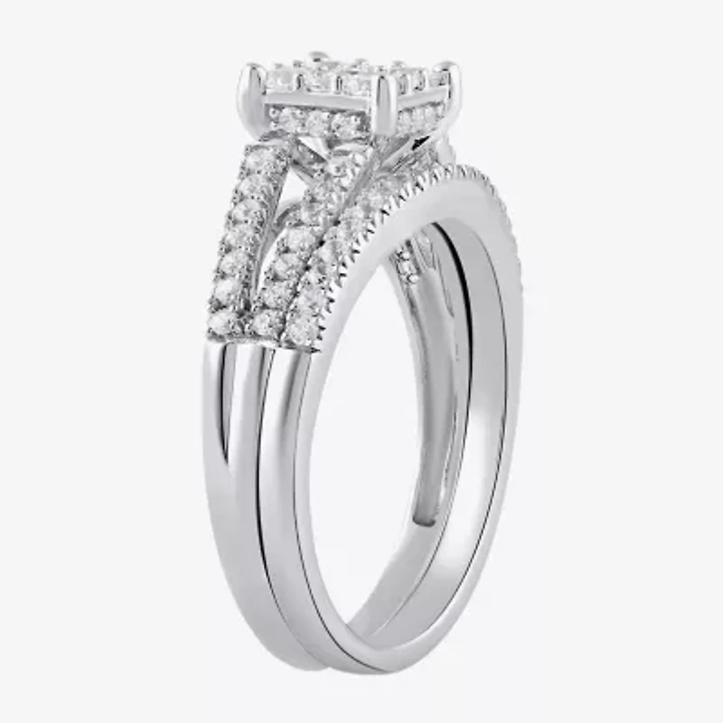H, I1-I2 Womens 5/8 CT. T.W. Lab Grown White Diamond Sterling Silver Side Stone Halo Bridal Set