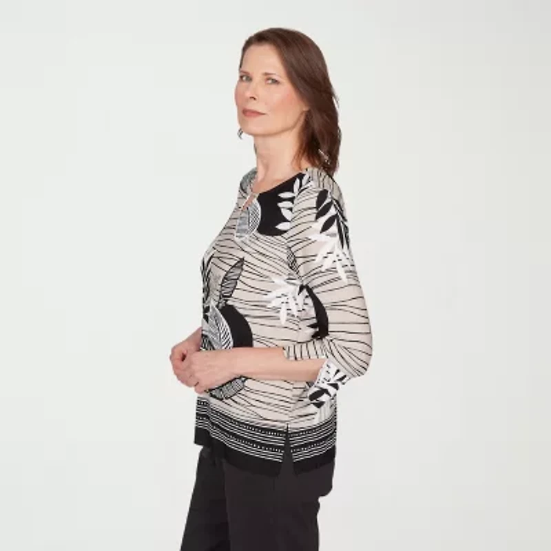 Alfred Dunner Classics Womens Keyhole Neck 3/4 Sleeve T-Shirt