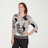 Alfred Dunner Classics Womens Keyhole Neck 3/4 Sleeve T-Shirt