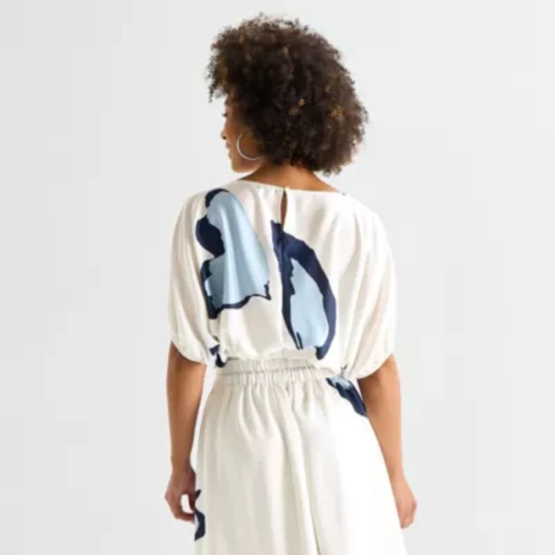 Worthington Womens Boat Neck Elbow Sleeve Satin Blouse