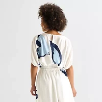 Worthington Womens Boat Neck Elbow Sleeve Satin Blouse