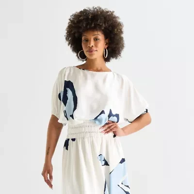 Worthington Womens Boat Neck Elbow Sleeve Satin Blouse